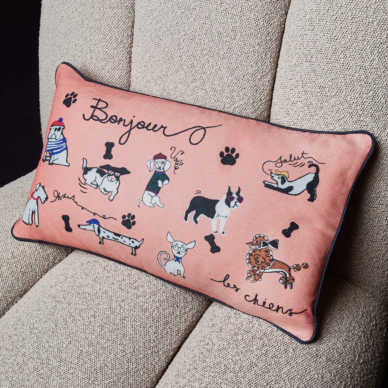 Bonjour Les Chiens (Coral - Printed Cushion) - Image 6